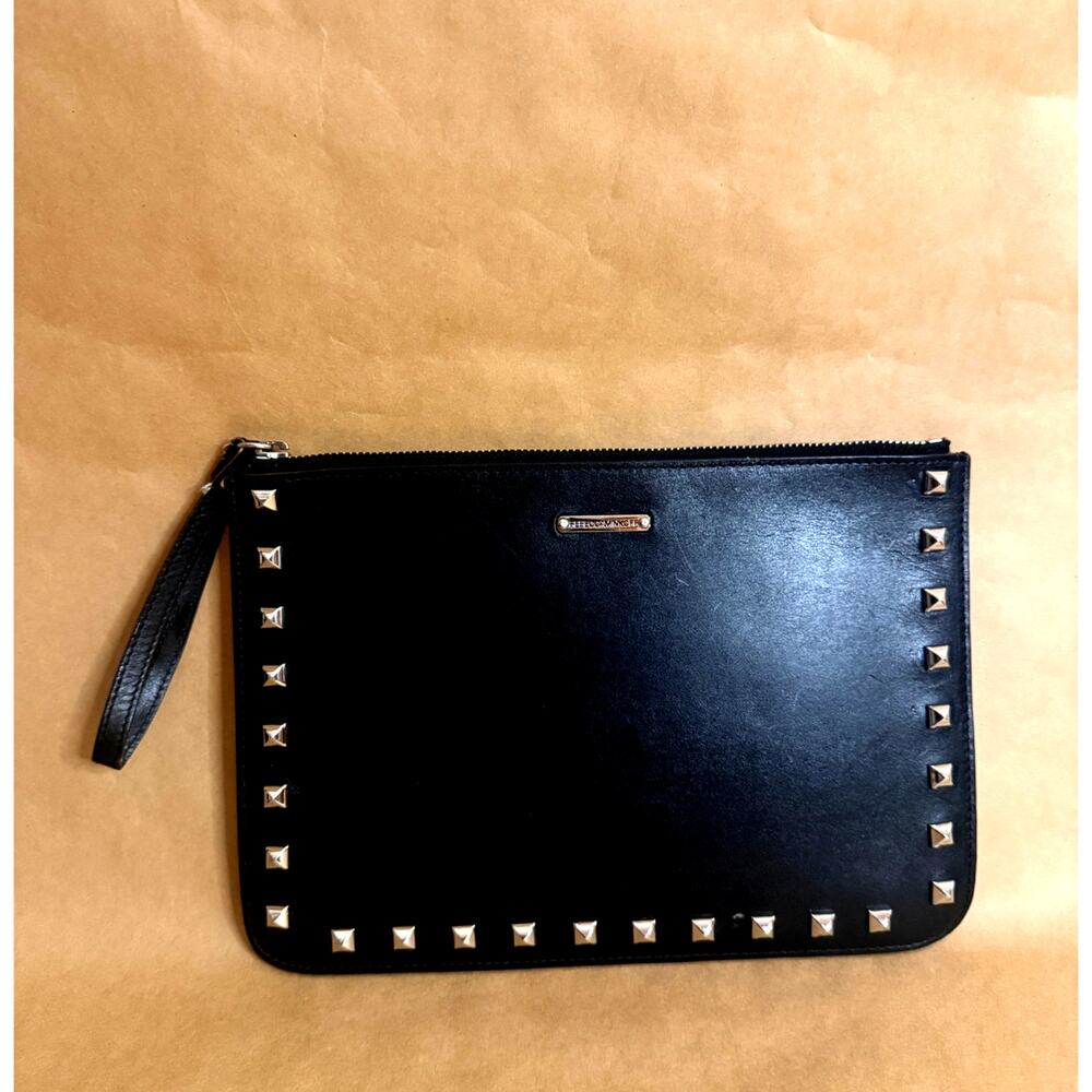 Rebecca Minkoff Black Silver Studded Leather Large Wristlet Clutch